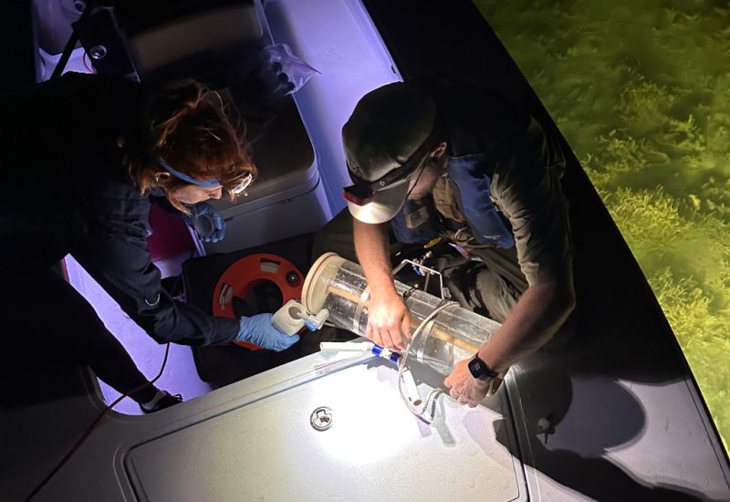 Researchers collect water samples at night on a skiff.